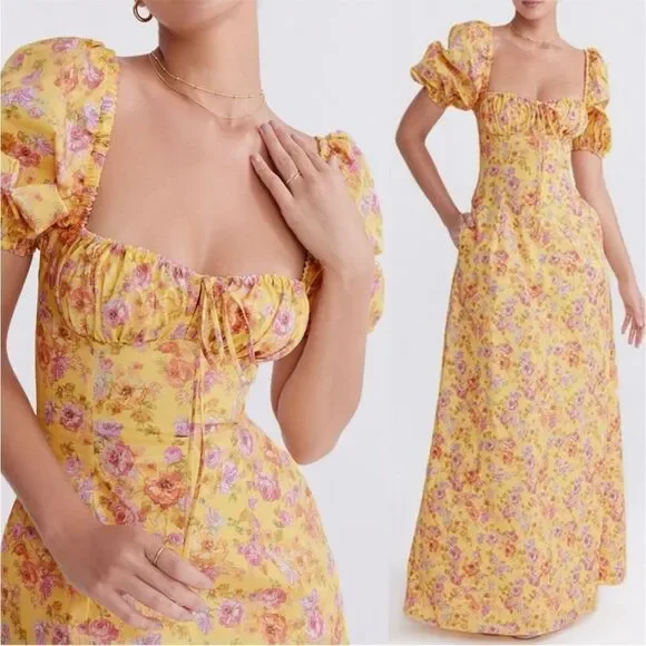 House of CB Maxi Dress Sz XS Yellow Floral Felizia Butter Print Puff Selene NEW